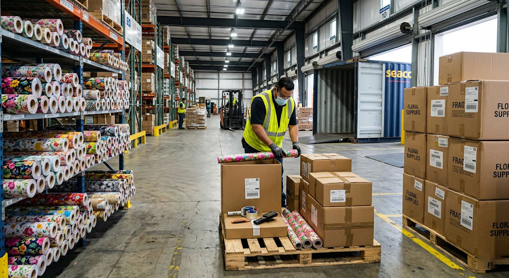 WEIPAN warehouse worker packing floral wrapping paper and heavy boxes onto a pallet for consolidation shipping