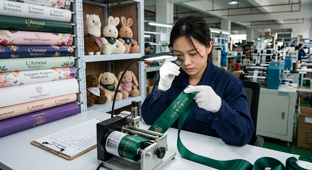 WEIPAN factory worker performing QC check on custom printed satin ribbons with gold logo; background shows OEM floral paper and plush toys